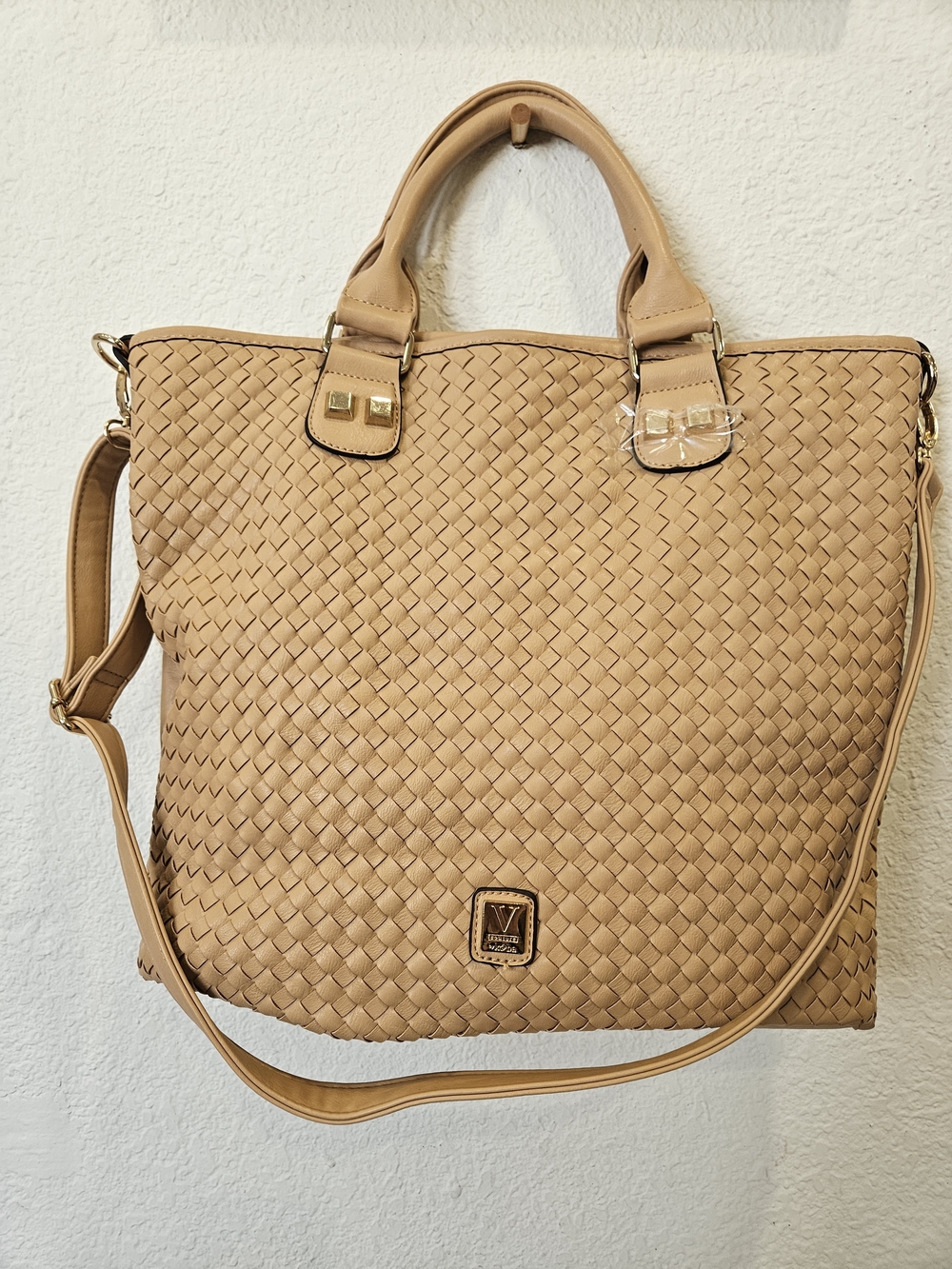 Kooba V Couture Large Woven Tote Bag Camel Vegan Leather Satchel